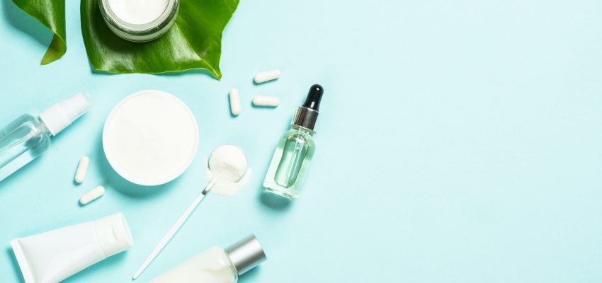 Collagen powder dietary supplement at blue.